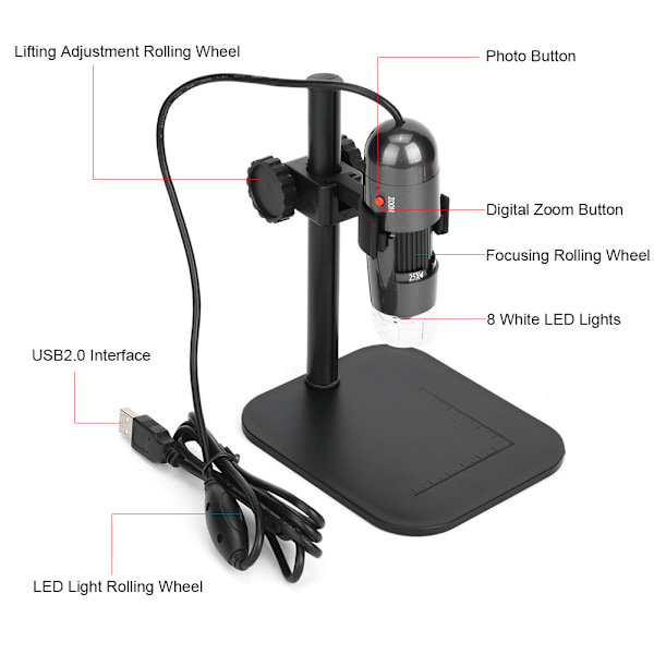 S04 8LED hvidt lys 25X-600X USB digitalt mikroskopinstrument med løftebeslag