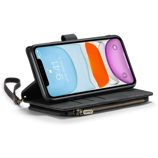 Faux læderpung etui kompatibel med iPhone 11 med rem og flere kort - sort