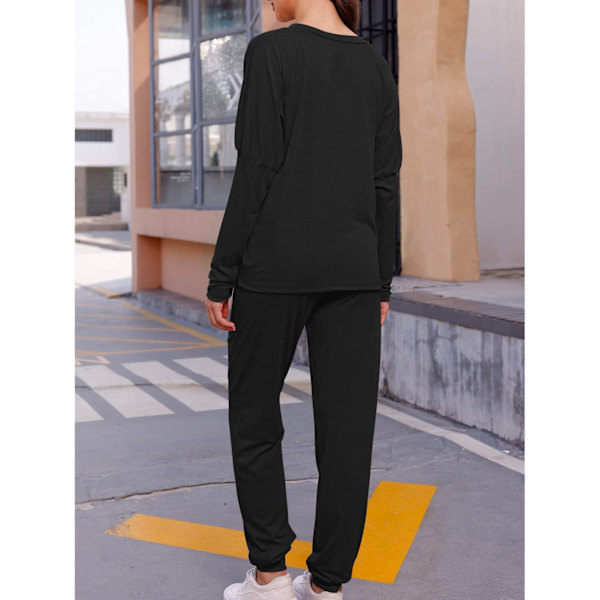 Dam 2-delad outfit Lös Stretchig Snygg långärmad tröja Byxa Höst Loungewear Pyjamas Set Svart XL