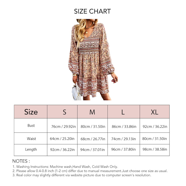 V-hals lang puffetærmet kjole Kvinner Fashionable Elegant Stretch Rynket blomsterkjole for strandfest Khaki M