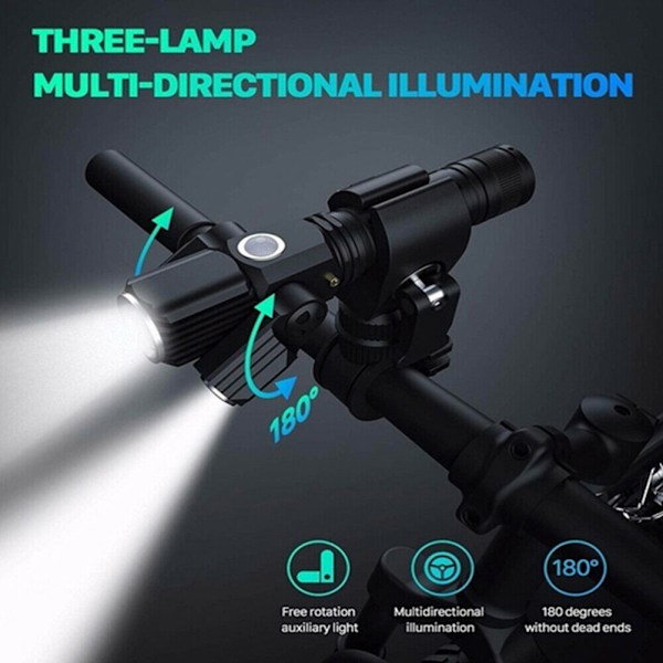 Aluminiumlegering Multifunktion 3-huvud LED-cykellampor Lampa USB-strålkastare Vattentät utomhusficklampa