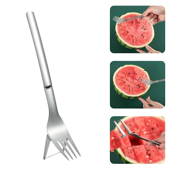 Multipurpose 2-i-1 vattenmelongaffelskärare Vattenmelonfruktskärgaffelbitar porslinsgaffel