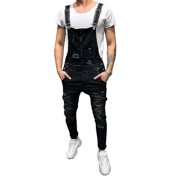 Flossede Ripped Denim Dungarees Overalls Bib Bukser, Mænds Sorte Arbejdsbukser