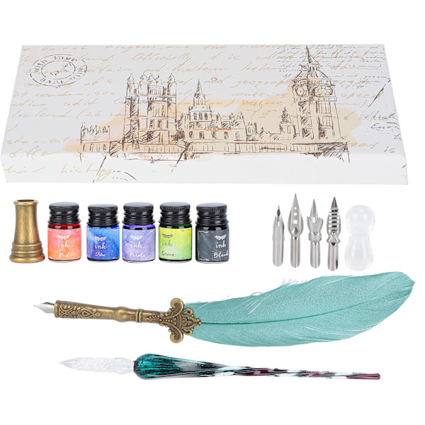 Kalligrafi Pen Set Glas Bläck Fjäder Reservoarpenna med utbytbar spets Skrivande presentförpackning SP118043 Pearlescent Mörkgrön