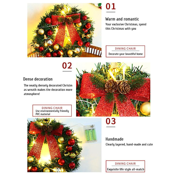 Julkrans med 20 LED-lampor och klockor Julgirland ljusslinga grenlampor för öppen spis och fönster i vardagsrummet