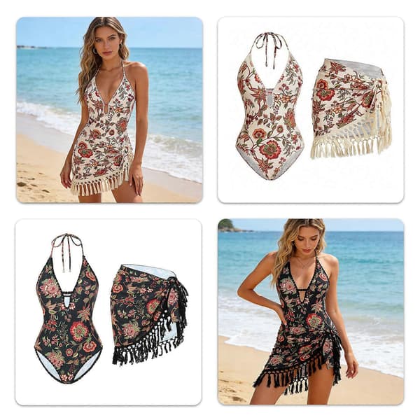 Tankini-sæt til kvinder med V-hals, delt design, lange kvaster, stilfuld badedragtskørt til afslapning ved poolen, sæt 2 M Suit 2 M