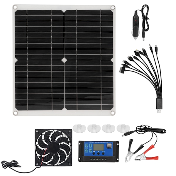 Solcellepanelsett med LCD-skjerm, flere beskyttelsesfunksjoner, 25W utendørs lading, solcellepanelregulator, viftesystemsett