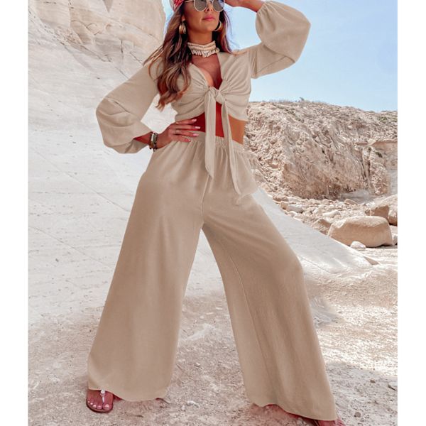 Kvinnor 2-delade outfits V-ringad slips framtill lång puffärmad topp elastisk hög midja vid benbyxor för arbete semester aprikos L