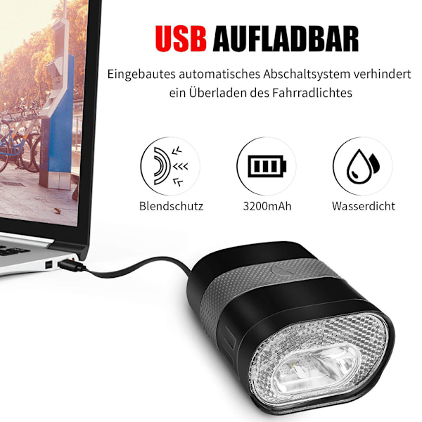 LED cykel forlygte USB genopladelig vandtæt frontlys 3200mAh cykellygte