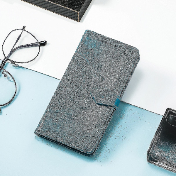 Huawei P40 Lite 4g veske Lommebokdeksel i skinn Emboss Mandala Magnetic Flip Protection Støtsikker - Blå