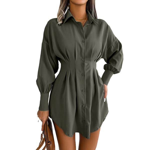 【NX】Miniskjortaklänning Polyesterfiberveckad midja asymmetrisk kappkrage Button Down-klänning OD Grön S