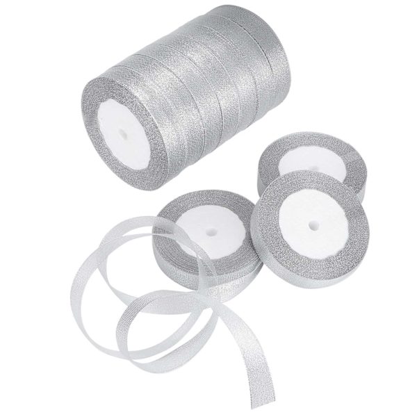 10 rullar Glitter Satin Ribbon Polyester Presentförpackning Bröllopsdekoration Festtillbehör Silver