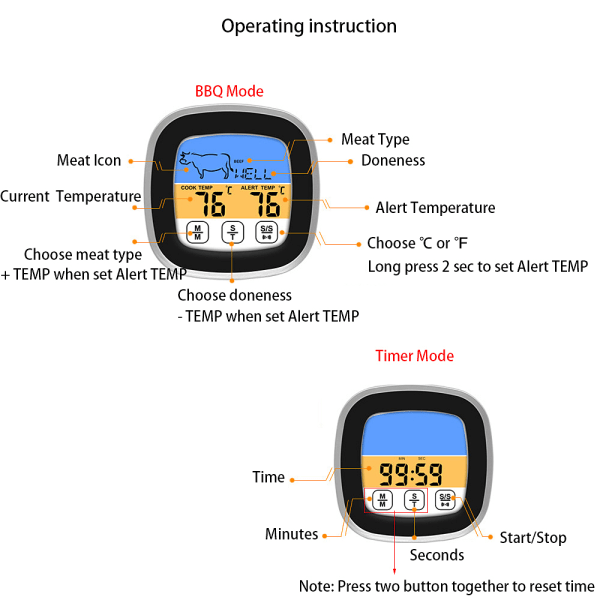 BBQ Termometer med 2 Alarm, Berøringsskjerm og Bakgrunnsbelysning - Kjøtttermometer for Utendørs Camping og Piknik