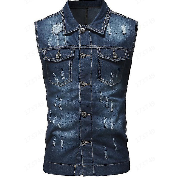 Mænds Sort Ærmeløs Slim Fit Denim Vest med Lapel (Størrelse 2XL)