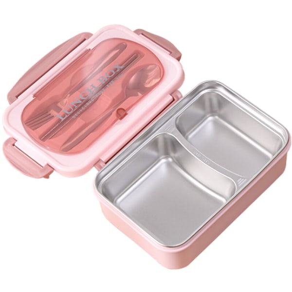 Bærbar lunsjboks 304 rustfritt stål Mikrobølgesikker oppvarming Delte matbeholdere med skje og spisepinner, modell: rosa