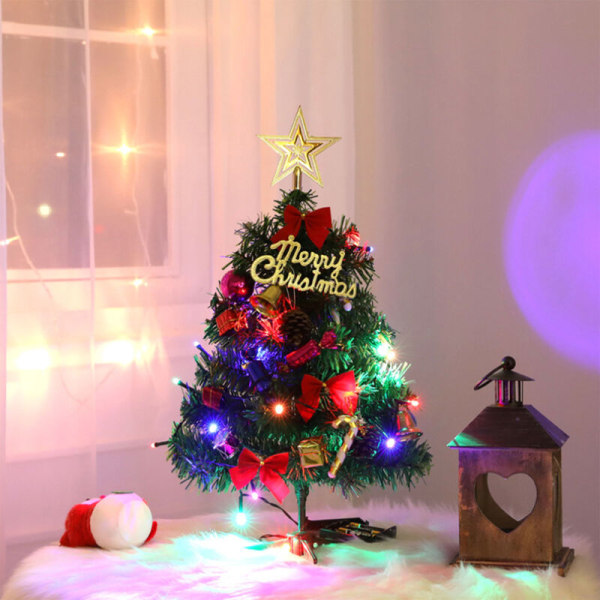 Juletre strømmet til med blandede dekorasjoner og flerfargede lys | Fiber Optic Evergreen 50CM, modell: Flerfarget
