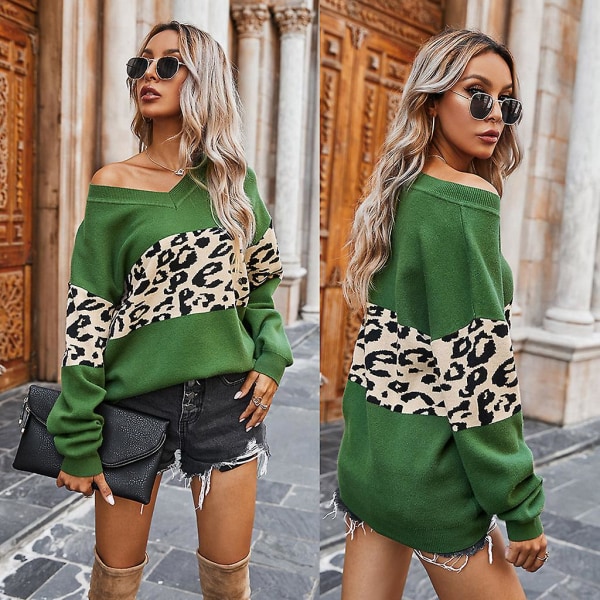 Kvinnor Leopard Color Block Stickade tröjor Långærmad Sexig V-ringad Jumper Toppar Black M