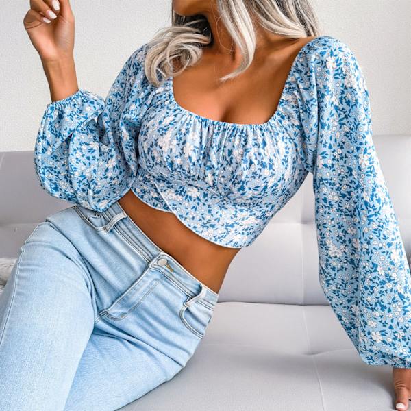 Kvinner Blomstret Kvadratisk Hals Lykt Lång Erme Rygg Knytte Bowknot Crop Top Bluse Blå M