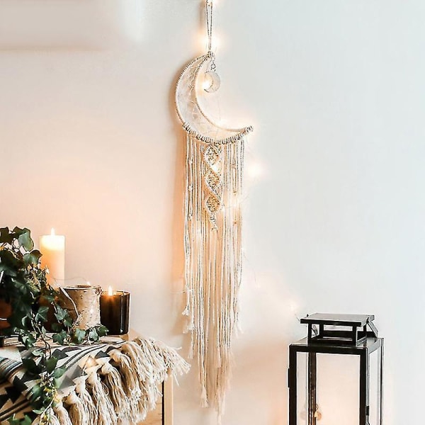 Boho Macrame Vävd Vägghängande, Virkad Crescent Moon Star Drömfångare med lång tofs (1:a, benvit)