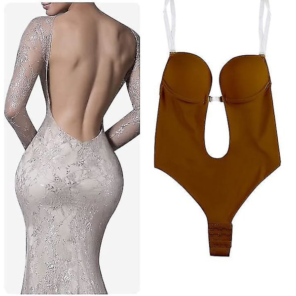 Rygglös U-ringad Body Shaper BH Body för kvinnor, Brun, 3XL