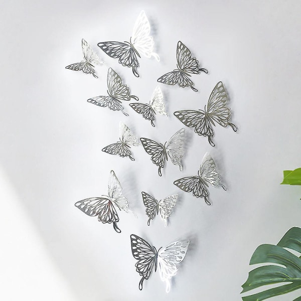 24 stk 3d sommerfugl vægklistermærker 3 størrelser sommerfugl vægdekorationer Værelse vægdekoration til soveværelse fest bryllup dekorationer Silver