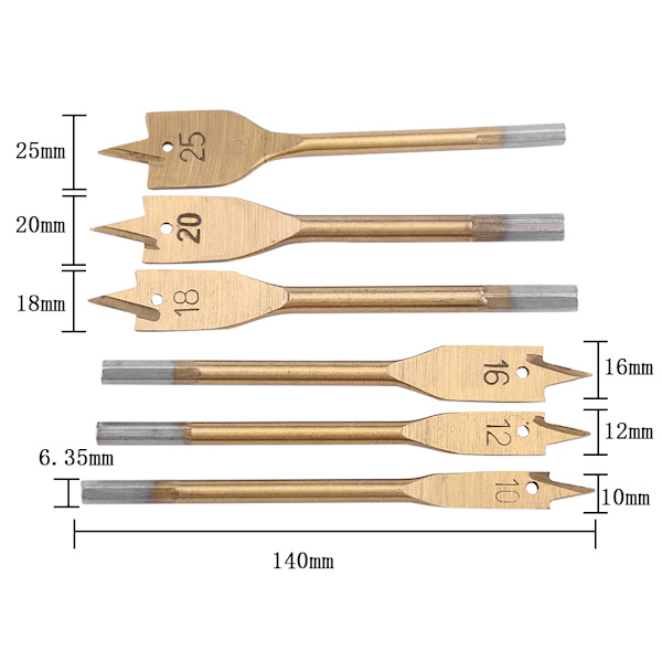 6 st Högkolstål Spade Paddel Bits WoodWorking Plattborrning Borrverktyg 10-25MM