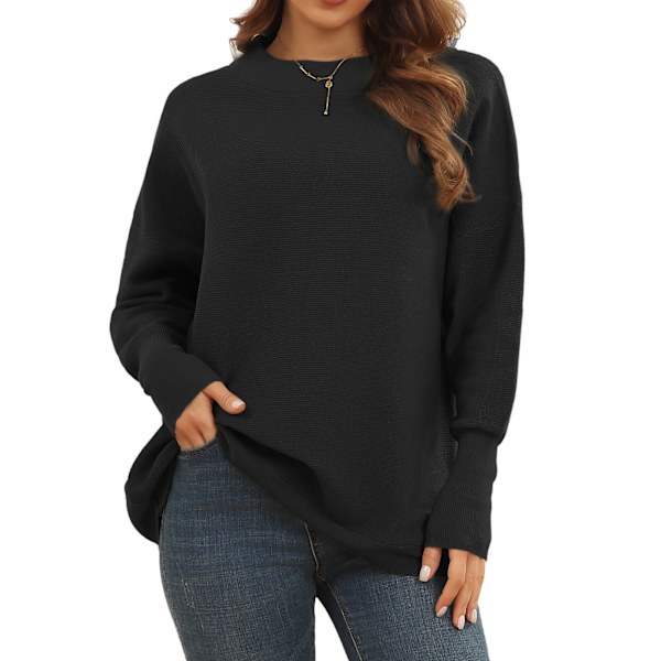 Långärmad tröja Dam Höst Vinter Andas Lös Casual Elegant Pure Color Stickad Pullover Toppar Svart M