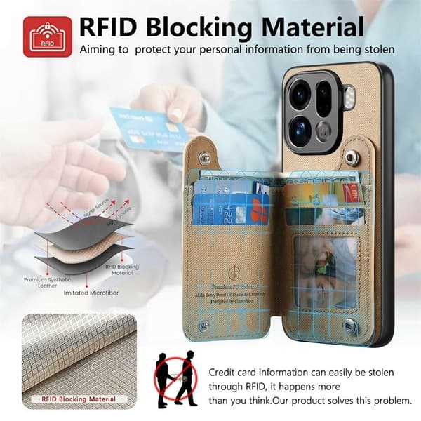 Oppo Find X9 Pro Plånboksfodral Konstläder RFID-skydd - Khaki
