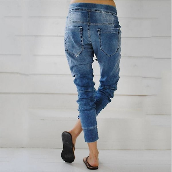 Elastisk Talje Drop Crotch Harem Jeans Snøre Denim Bukser Lyseblå 3XL