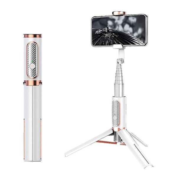 Selfie-stick med integrert Bluetooth, teleskopisk oppbevaring, aluminiumlegering, forsterket stativ, telefonholder - Hvit