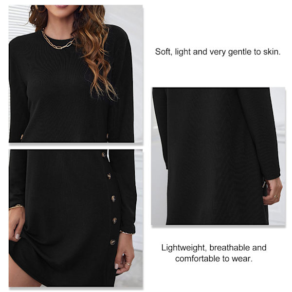 Damekjole Midi One Piece Rund Hals Langærmet Ren Farve Løstsiddende Ret til Hjemmekontor Sort 2XL