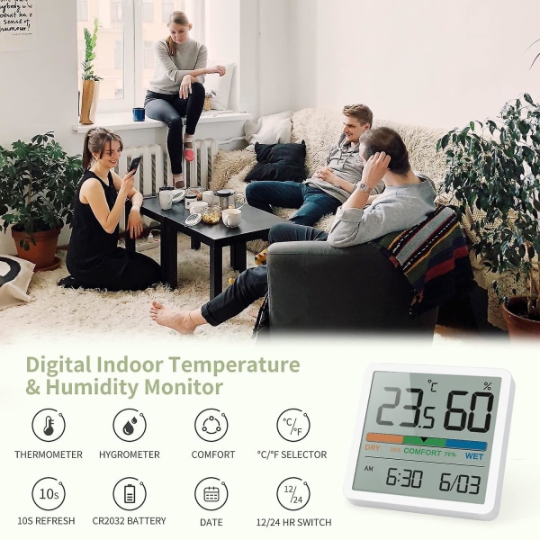 Inomhustermometer, digital stationär termometer med temperatur- och luftfuktighetsmätare, noggrann luftfuktighetsmätare Rumstermometer med klocka (vit)