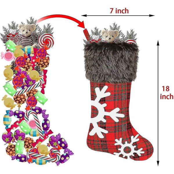 Julstrumpor, 4 pakker store strumpor, säckplädstil med snöflinga Santa Snowman Ren Plysch fuskpälsstrumpor