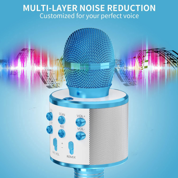 Mikrofon för barn, trådlös Bluetooth karaokemikrofon för vuxna, bärbar karaokemaskin, födelsedagsfest för pojkar och flickor (blå)