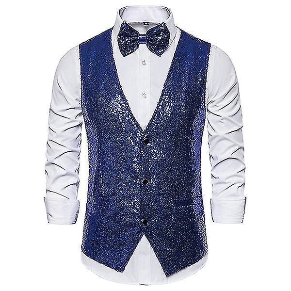 Blå Sequin V-Hals Mænds Fest Suit Vest