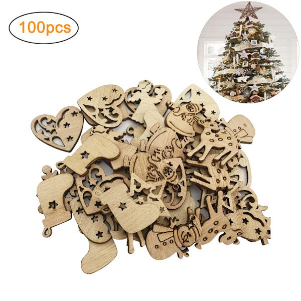 100 st Mix trä julgransprydnader mini jultomte snögubbe Älg snöflingor julgran hängande hängen