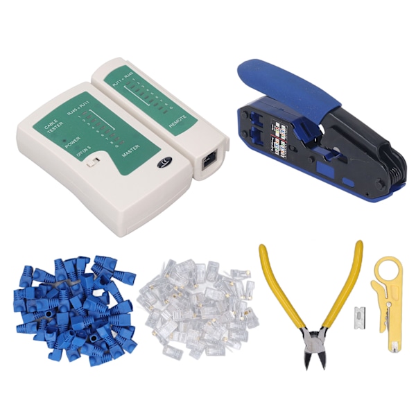 RJ45 Krympeverktøysett Strippetang 8P8C Krystallhode Nettverkstestersett for Cat5 Cat6 Kontakt