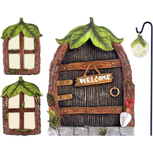 Fairy Hagedør Miniatyr tredør Hjemdekor Tredekorasjon Fairy Door (grønne bladdører og vinduer)