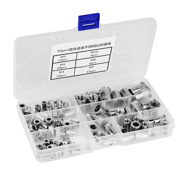 93 stk gevindindsatser 1 kasse M3, M4, M5, M6, M8, M10 304 Rustfrit stål blindnitmutter sæt