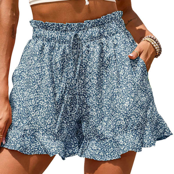 Shortsit Kesä Trendikäs Painatus Löysä Casual Korkea Vyötärö Vyö Taskut Shortsit Naisille Sininen XL