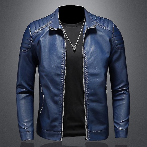 Mens Blue Stand Collar Casual Leather Jacket 4XL