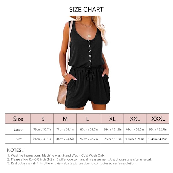 Sommer ærmeløs Romper Dame Casual Scoop Neck Knap Ned Midje Bånd Linned Jumpsuit med Lomme Sort S