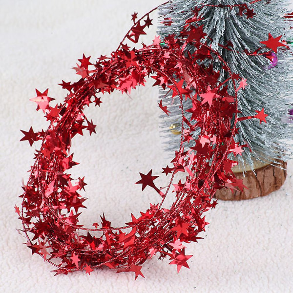 2 rullaa Sparkly Star Tinsel -seppeleitä langalla joulupuuhun, syntymäpäivään, juhlaan tai juhlakoristeeseen red