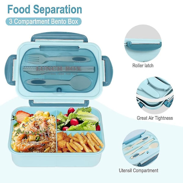 Aikuisten ja lasten Bento-lounasrasiasetti, 1200ml, 3 osastoa, vuotamaton, välineet mukana, vihreä sininen