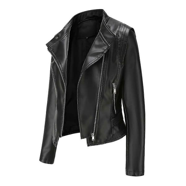 Dam All-Match Biker Zipper Slim Fit Kort Läderjacka Black L