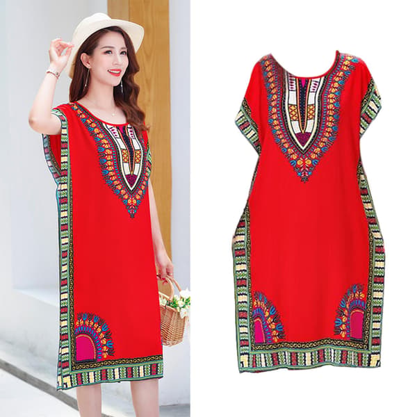 【NX】Damemote Strandkjole Boho Elegant Etnisk Kjole Red