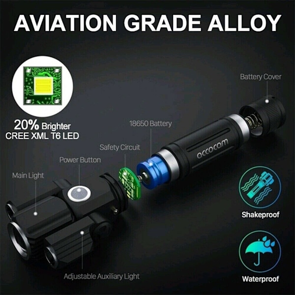 Aluminiumslegering Multifunksjon 3-hoders LED-sykkellamper Lampe USB-frontlykt Vanntett utendørs lommelykt