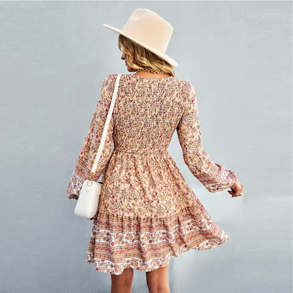 V-hals lång puffärmad klänning Kvinnor Fashionabla Elegant Stretch Rynkad Blommig Klänning för Beach Party Khaki L