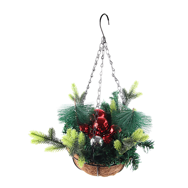 Kunstig juletrekk-kurv dekorert med kongler, lysende kuler og julepynt