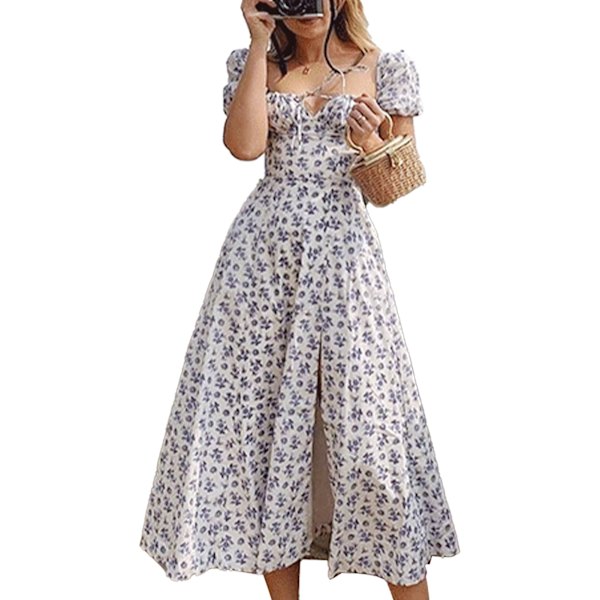 Kvinders Blomsterprint Kjole Brystrem Puffær Delvis Slids Spredt Krave A-Linje Lang Kjole Type 2 XL